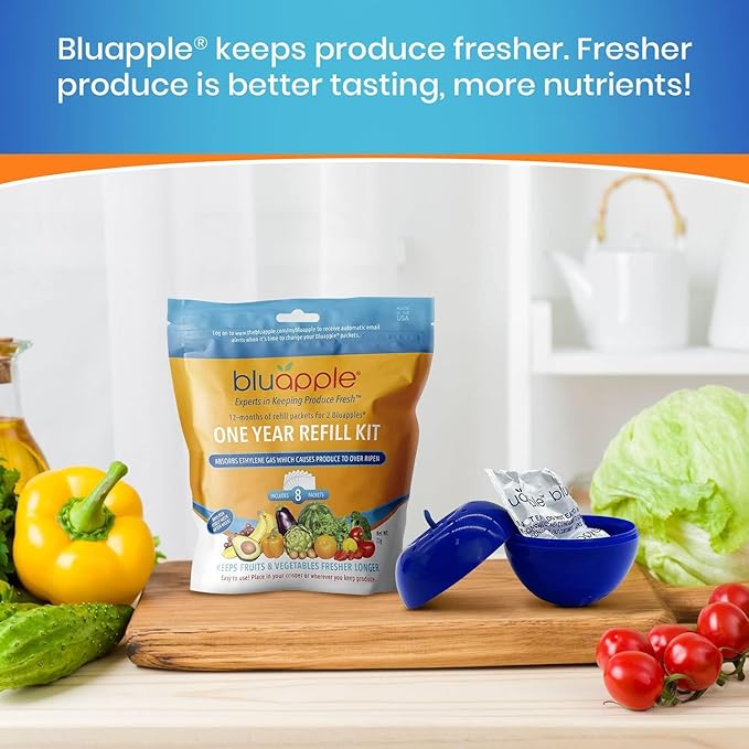 Bluapple Produce Saver Ethylene Gas Absorber - Fresh Fruit & Vegetable Storage, Food Savers for Refrigerator, 8 Packets (9g each), Each Packet Lasts 3 Months, Kitchen Must Haves, USA Made - Refill Kit