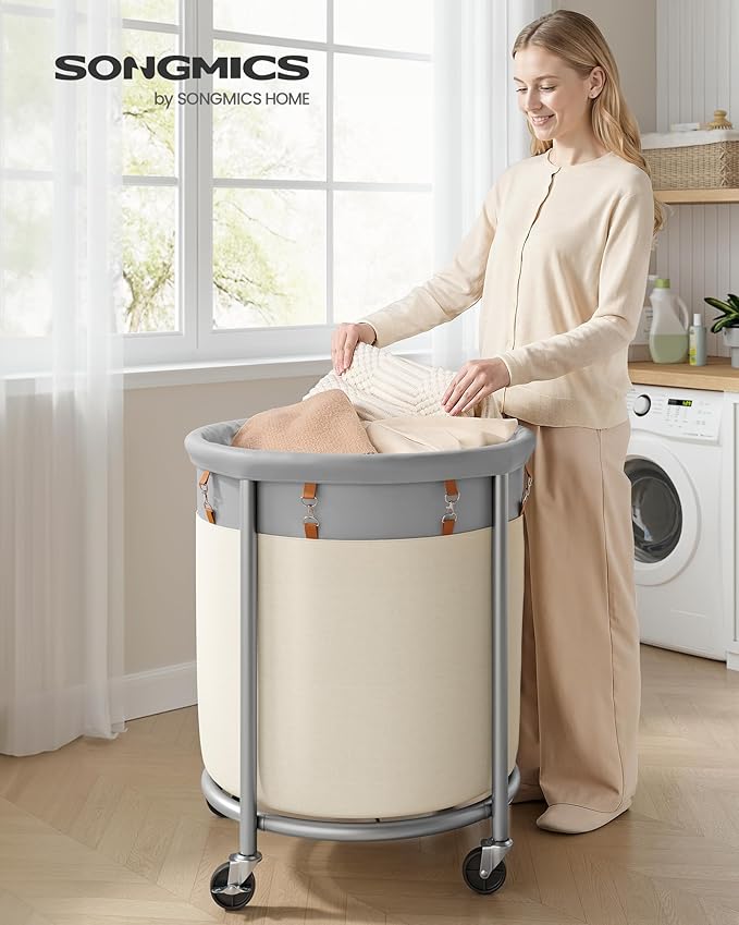 SONGMICS 50.2-Gallon (190 L) Laundry Basket with Wheels, Rolling Round Heavy-Duty Laundry Hamper Cart with Steel Frame and Removable Bag, 2 Locking Wheels, Dove Gray and Cream White URLS001GD02