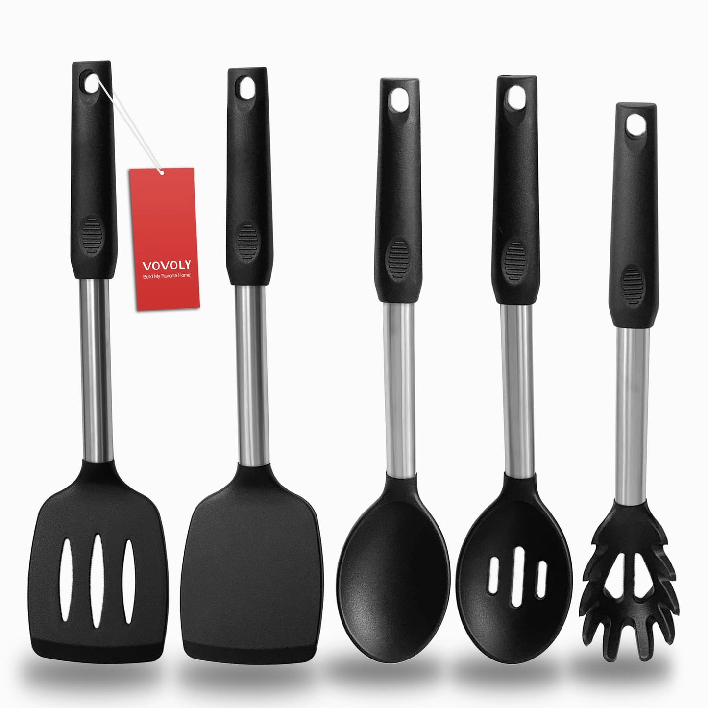 Silicone Spatula and Cooking Spoon,5 Pack Non-Stick Cooking Utensils for Kitchen，Heat Resistant Solid & Slotted Spoons and Spatulas, Stainless Steel Handle Coated with Silicone, Khaki