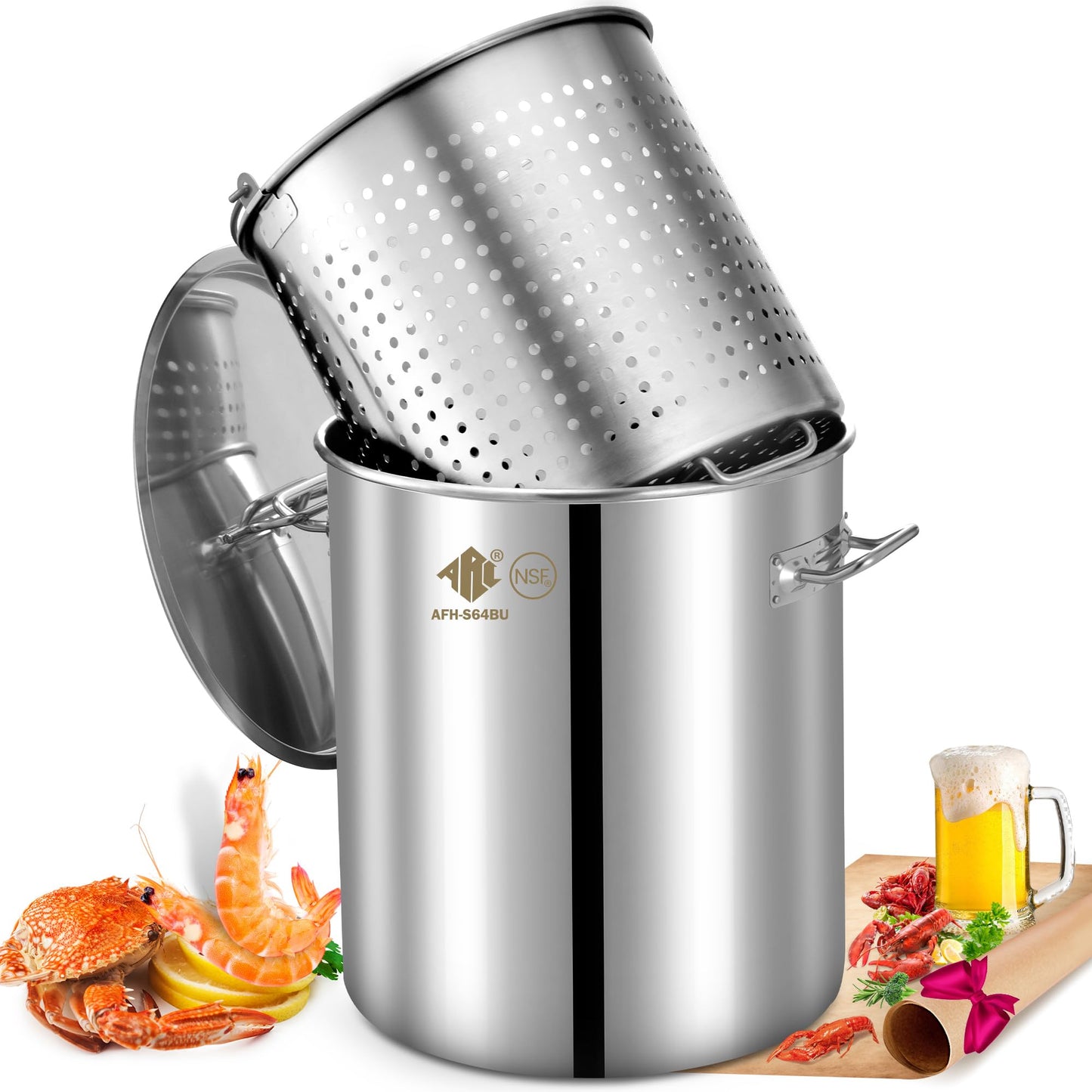 ARC 100QT Stainless Steel Seafood Boil Pot with Basket and Two Brown Paper