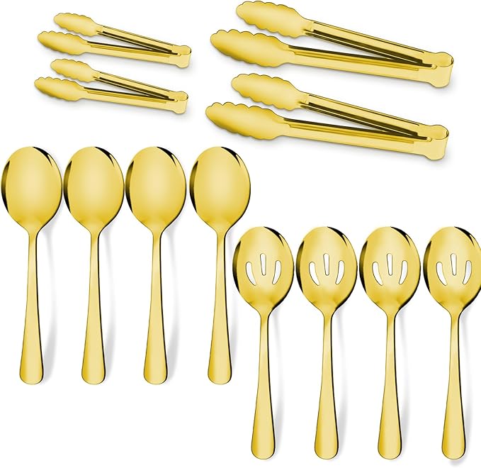 12PCS Stainless Steel Serving Utensils Sets - Large Serving Spoons,Slotted Spoons,Serving Tongs,Appetizer Tongs,Utensills Sets for Buffet Catering Banquet Party (Silver)
