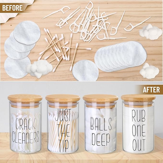 4 Pack Qtip Holder Glass Dispenser with Bamboo Lids for Bathroom Organization, Apothecary Jars for Cotton Ball Holder and Bathroom Canister Storage Great for Cotton Swabs, Balls, Floss, Bathroom Décor