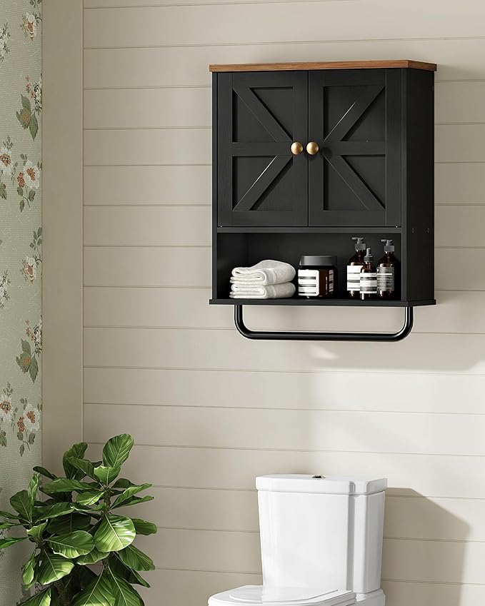 Bathroom Wall Cabinet, Medicine Cabinet with Open Partition and Towel Bar, Rustic Storage Cabinet with Open and Hidden Storage Space, for Bathroom, Living Room, Kitchen, Black and Walnut