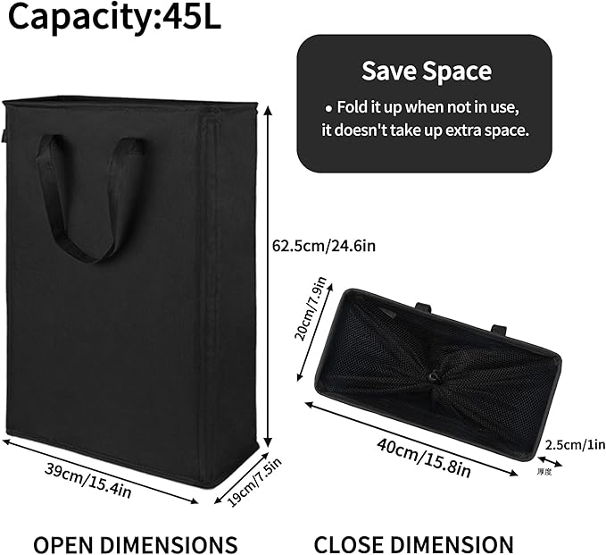 Odonata Slim Laundry Hamper Handles Collapsible Laundry Basket Thin Dirty Clothes Basket Narrow Laundry Bag Foldable Dirty Hamper 45L (Black)