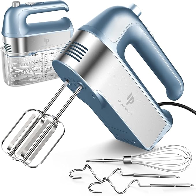 Hand Mixer Electric, 450W Kitchen Mixers with Scale Cup Storage Case, Turbo Boost/Self-Control Speed + 5 Speed + Eject Button + 5 Stainless Steel Accessories, For Easy Whipping Dough, Cream, Red