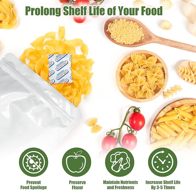 100 Packs 200CC Food Grade Oxygen Absorbers (10 Pack in Individual Vacuum Bag ) , Oxygen Absorbers For Long Term Food Storage with Oxygen Indicator , Works in Mylar Bags, Mason Jars, and Vacuum Bags