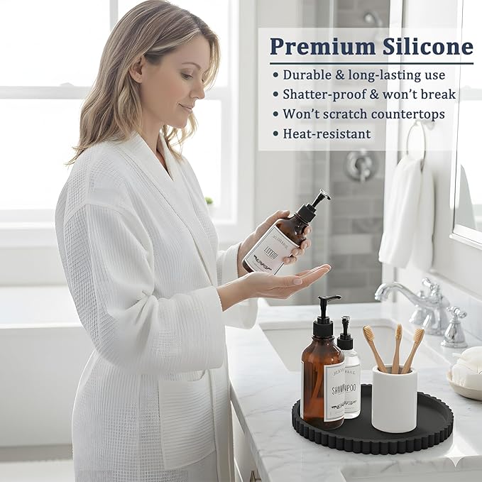Silicone Bathroom Countertop and Vanity Tray, Round Silicone Bathroom Tray, Modern Bathroom Decor, Coffee Table Decor, Decorative Tray for Candle, Perfume, Plants (Black, 9 inch)