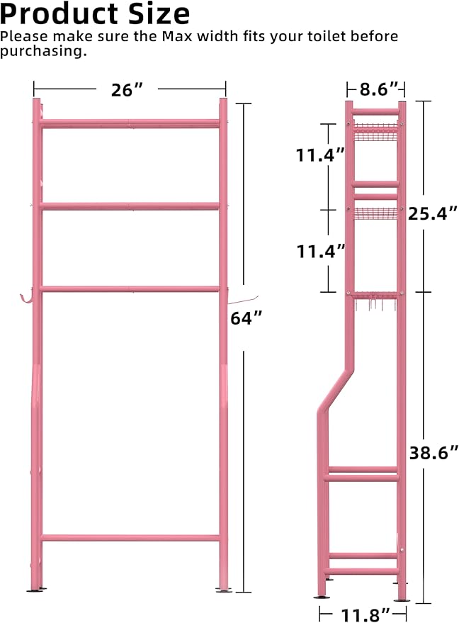 3-Tier Over The Toilet Storage, Freestanding Metal Bathroom Shelves with 4 Hooks, Over Toilet Storage Shelf with Paper Holder, Above The Toilet Shelf for Bathroom Storage, Pink