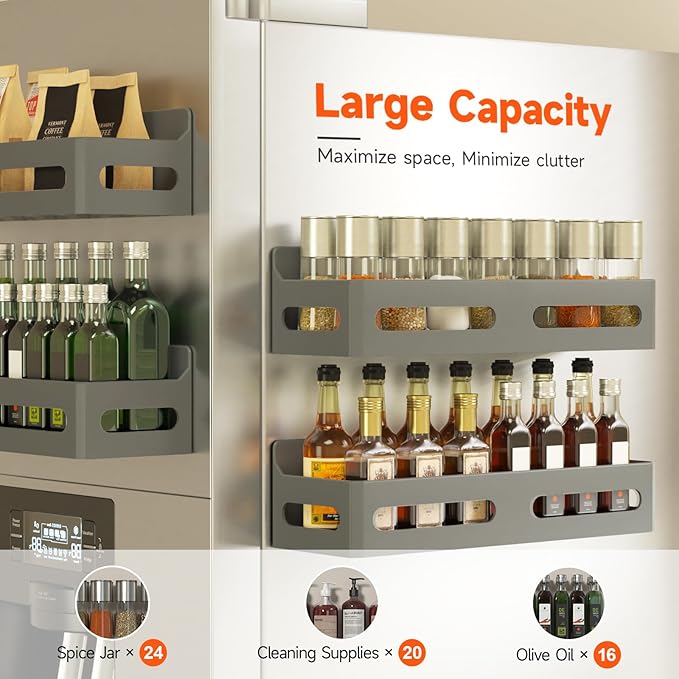 4 Pack Strong Magnetic Spice Rack for Refrigerator, Multipurpose Magnetic Shelf for Fridge with 4 Hooks for kitchen and Bathroom Organization, Grey