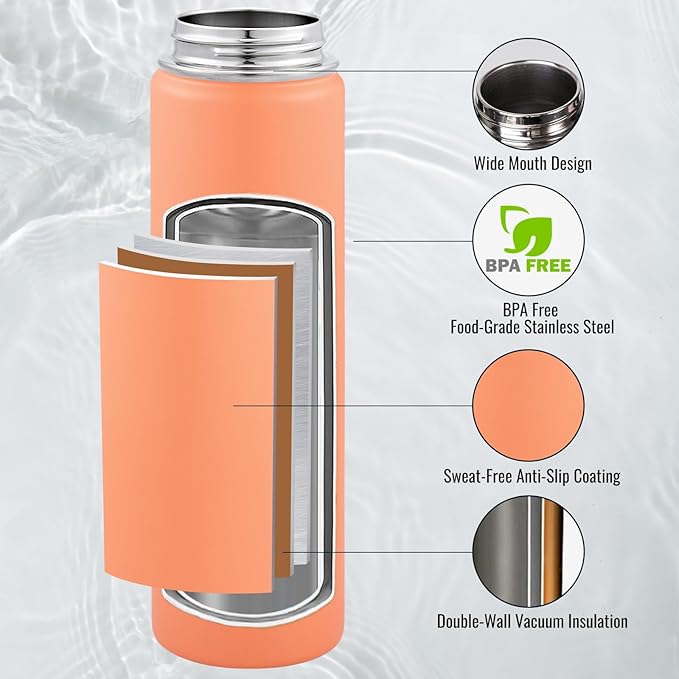 24 oz Insulated Water Bottle with Handle, 305 Stainless Steel Water Bottles with Wide Mouth, Double Wall Vacuum Sports Water Bottle, BPA Free, Keep Cold and Hot, Coral