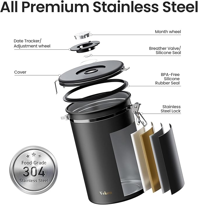 Veken Coffee Canister, 39OZ Large Christmas Coffee Lovers Gift Basket Set,Airtight Stainless Steel Food Storage Kitchen Container Gifts for 2.2lbs Beans, Ground, Sugar, Tea, Flour, Cereal,Scoop,Black