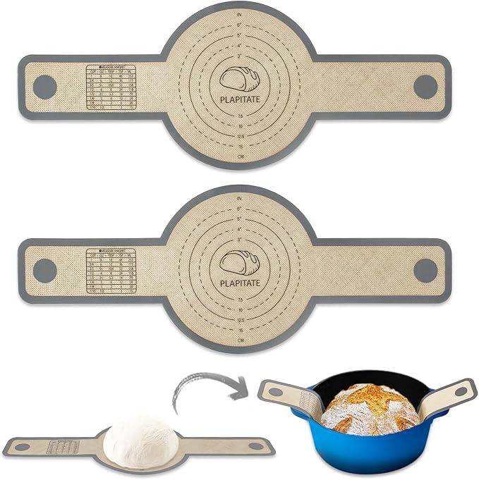 PLAPITATE Silicone Bread Sling Dutch Oven Liner, Non-Stick & Easy Clean Reusable Oval and Round Silicone Bread Baking Mat with Long Handles, Easy to Transfer Sourdough Bread - 2 Gray Set