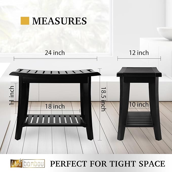 Bamboo Shower Bench Inside Shower Stool with Storage Shelf, Spa Bath Chair for Bathroom, Seat or Organizer for Living Room, Bedroom and Garden - Great for All Ages Unisex Elderly (Large, Black)
