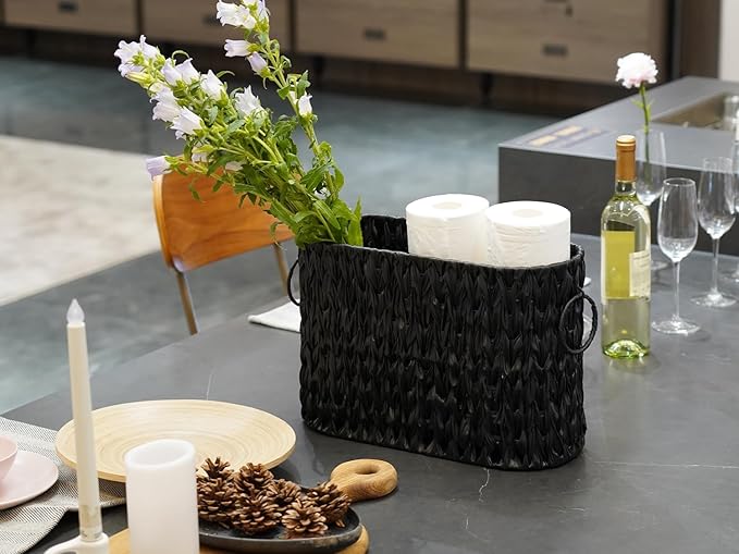 Black Toilet Paper Storage Basket,Large Free Standing Toilet Paper Organizer,Waterproof Narrow Wicker Basket for Bathroom,Under Sink,or Cabinet