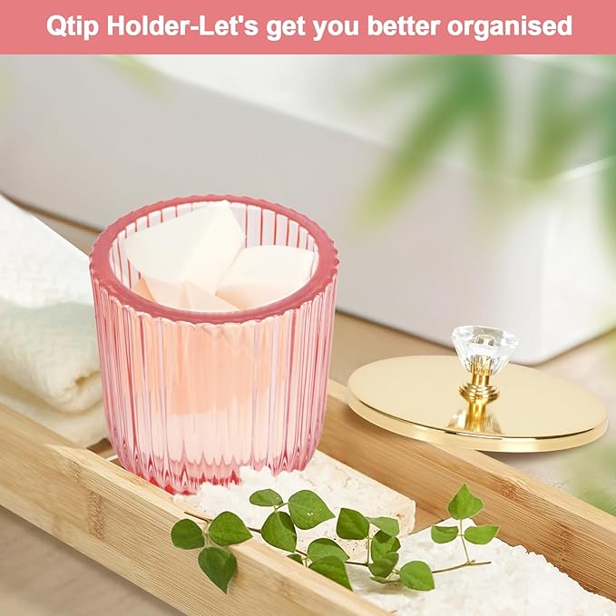 2PCS Qtip Holder Dispenser Set, Cute Glass Apothecary Jars with Lid, Pink Cotton Ball Pad Round Container Holders and Vanity Canister Storage Jar for Makeup Sponges, Floss, Hair Accessories