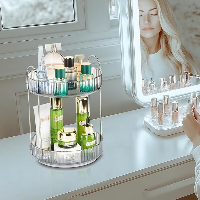 360 Rotating Makeup Organizer, 2 Tier Lazy Susan Bathroom Counter Organizer, Skincare Organizers, Spinning Perfume Organizer & Vanity Organizer Countertop (Classic Grey, 2 Tier)