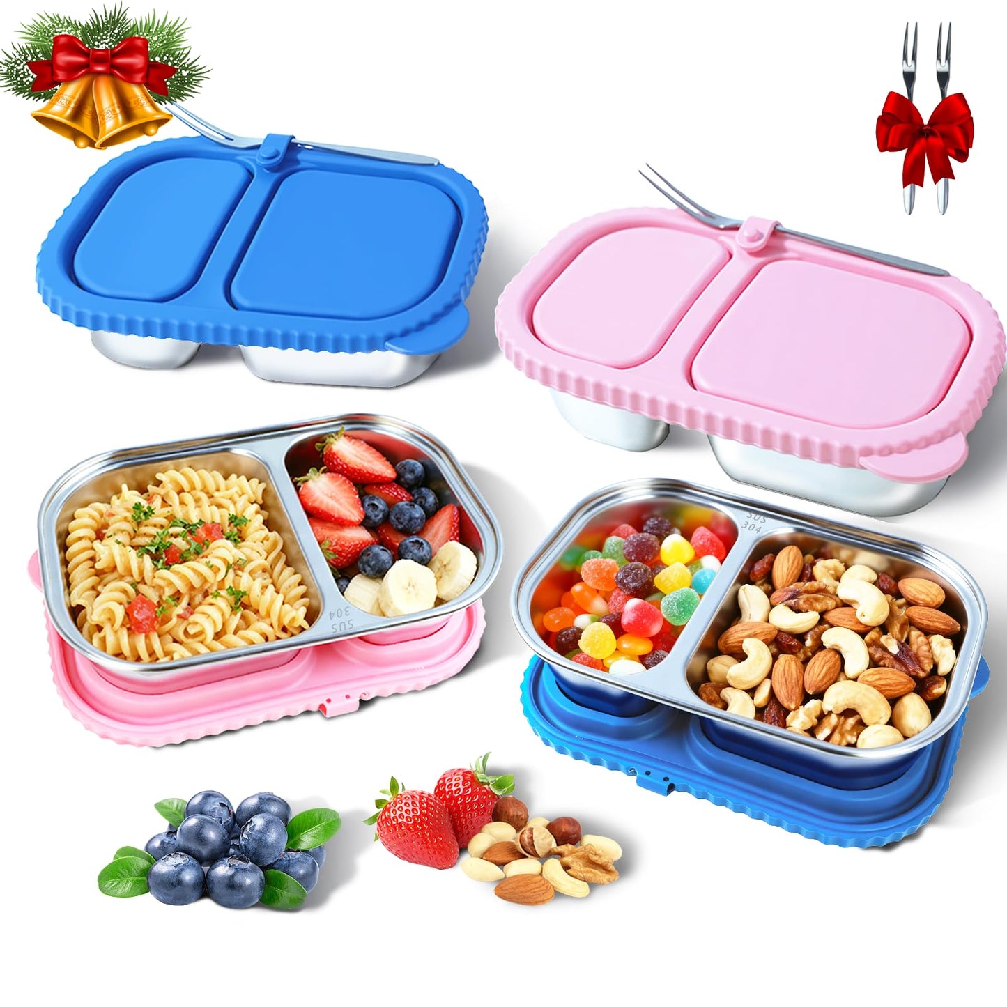 2 Pack Stainless Steel Snack Containers for Kids & Adults - Reusable 2 Compartment Snack Containers with Leakproof Silicone Lids, Divided Meal Prep Lunch Box Food Container for School, Office, Travel