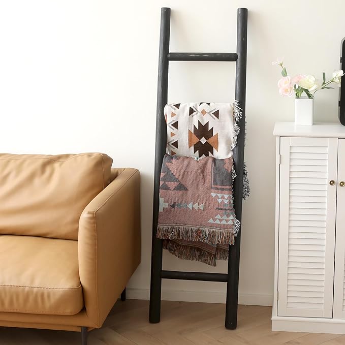 FUIN 57in Wood Blanket Ladder Living Room Decorative Wall Leaning Farmhouse Quilt Display Holder Rustic Wooden Towel Rack for Bathroom, Black