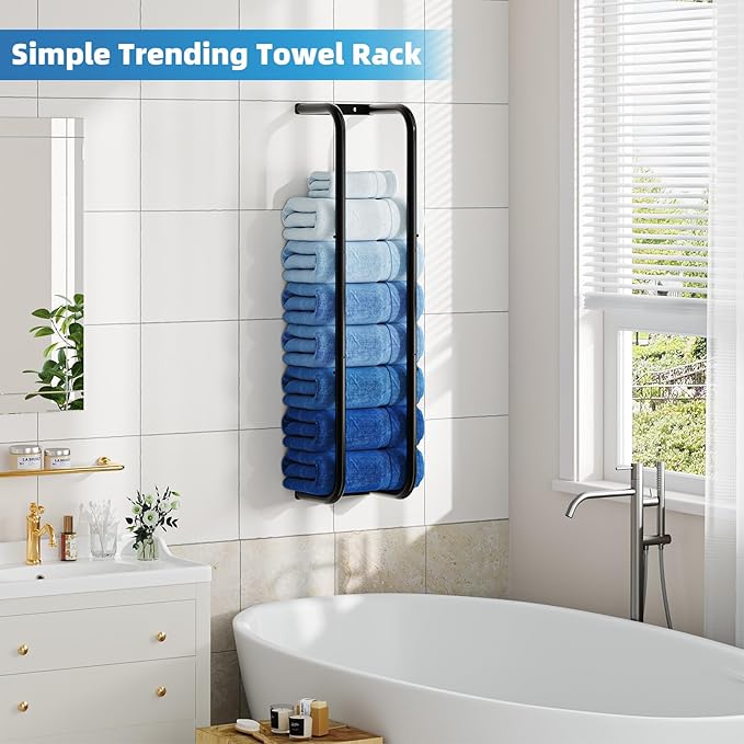 Simple Trending Towel Rack Wall Mounted, Towel Holder for 9 Large Towels, Bathroom Organizer, Black