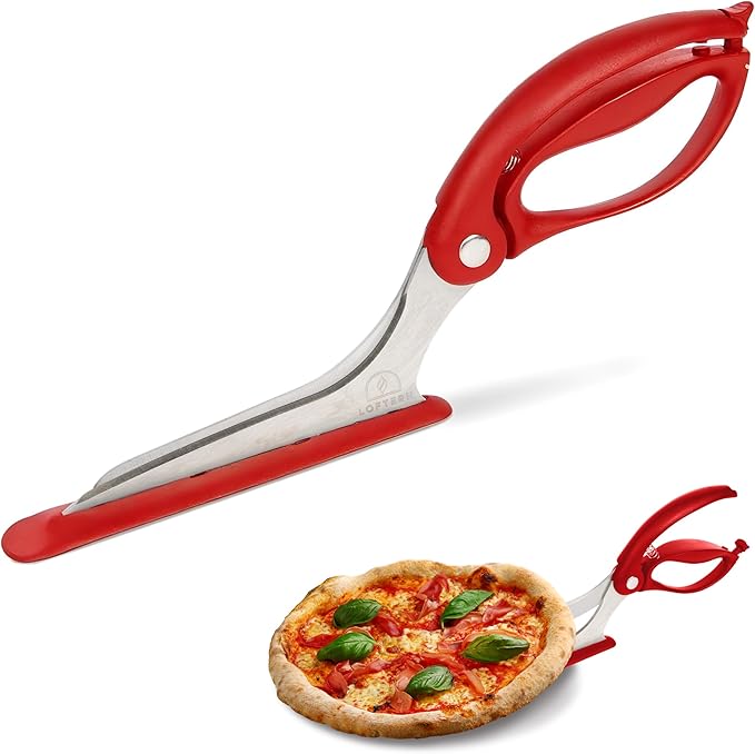 Loftern Pizza Scissors - Non-Stick Pizza Scissors with Firm Grip Base - Food Grade Stainless Steel Pizza Cutter - 5-in-1 Food Slicer & Pizza Server - Durable, Safe & Mess Free