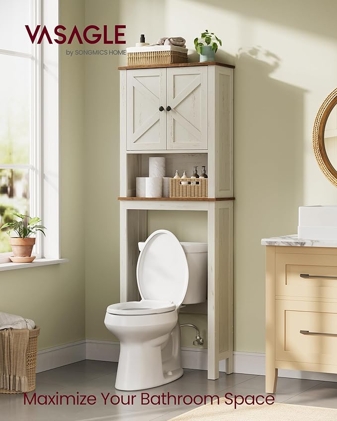 VASAGLE LIRY Collection - Over-The-Toilet Storage Cabinet, 23.6-Inch Wide Farmhouse Bathroom Organizer, with Barn Doors, Adjustable Shelf, Space-Saving, Rustic White UBTS026W01