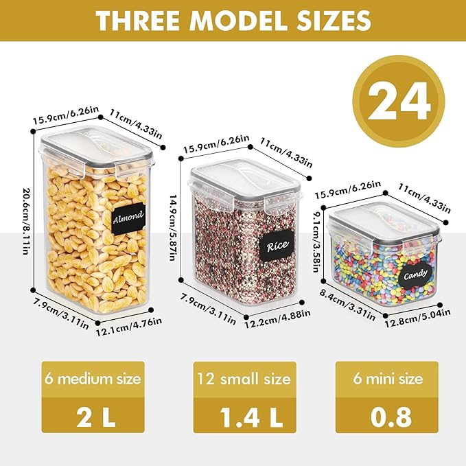 SNSLXH Airtight Food Storage Containers with Lids, 24 pcs Plastic Pantry Organizers and Storage Canisters for Cereal, Dry Food, Flour and Sugar, BPA Free, Includes 24 Labels