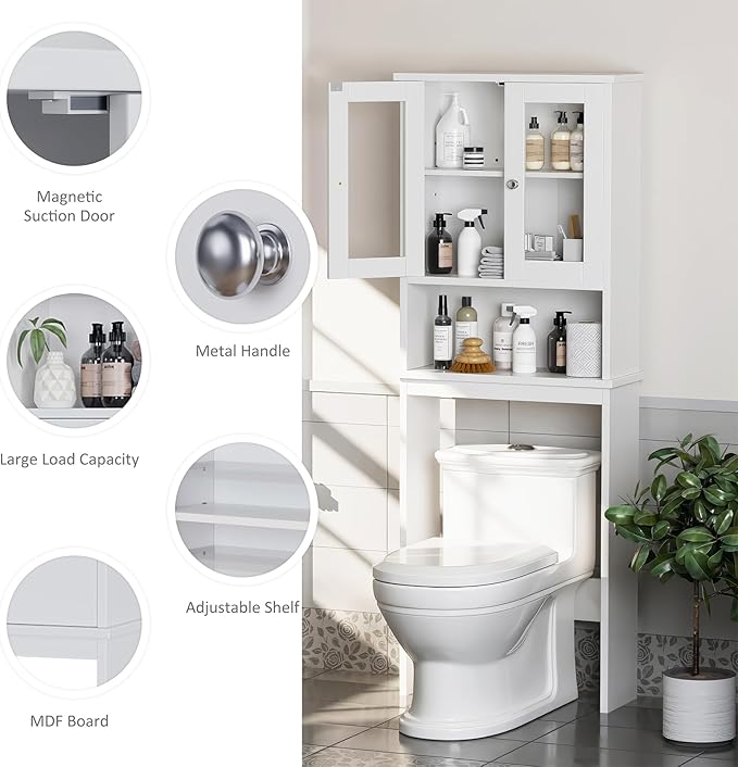 Meilocar Over The Toilet Storage Cabinet for Bathroom, Storage Organizer Over Toilet, Space Saver with Tempered Glass Doors, White
