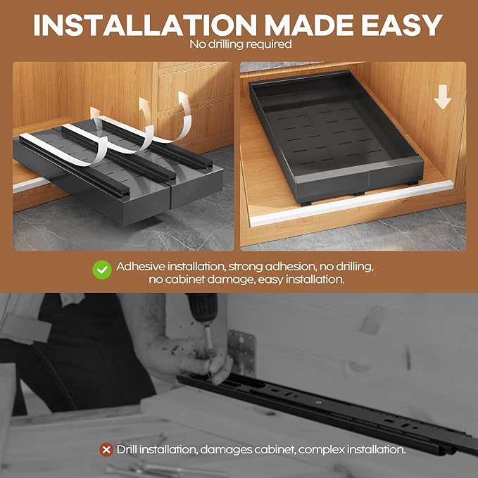2 Pack Expandable Pull Out Cabinet Organizer 21" Deep with Raising Pad for Framed Cabinets,Upgrade 3 Slide Rails Slide Out Drawers,Roll Out Shelves Adhesive,Adjustable Width 9"-14.1" Black