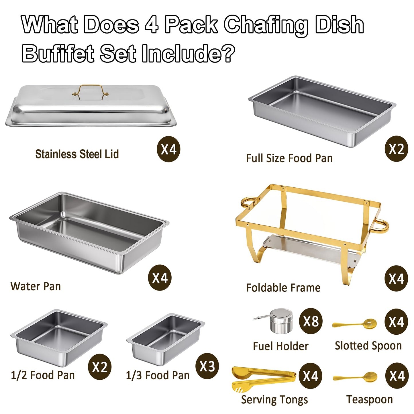 4 Pack Stainless Steel Chafing Dishes for Buffet, 9 QT Capacity 7 Pans Food Warmers for Parties, Weddings, Events Hosting, Family Gatherings, Full Set Catering Server with Serving Utensils Accessories