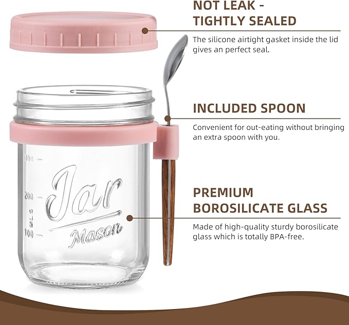 6 Pack Overnight Oats Containers with Lids and Spoons, 16 oz Glass Mason Overnight Oats Jars, Large Capacity Airtight Jars for Milk, Cereal, Fruit(Pink)