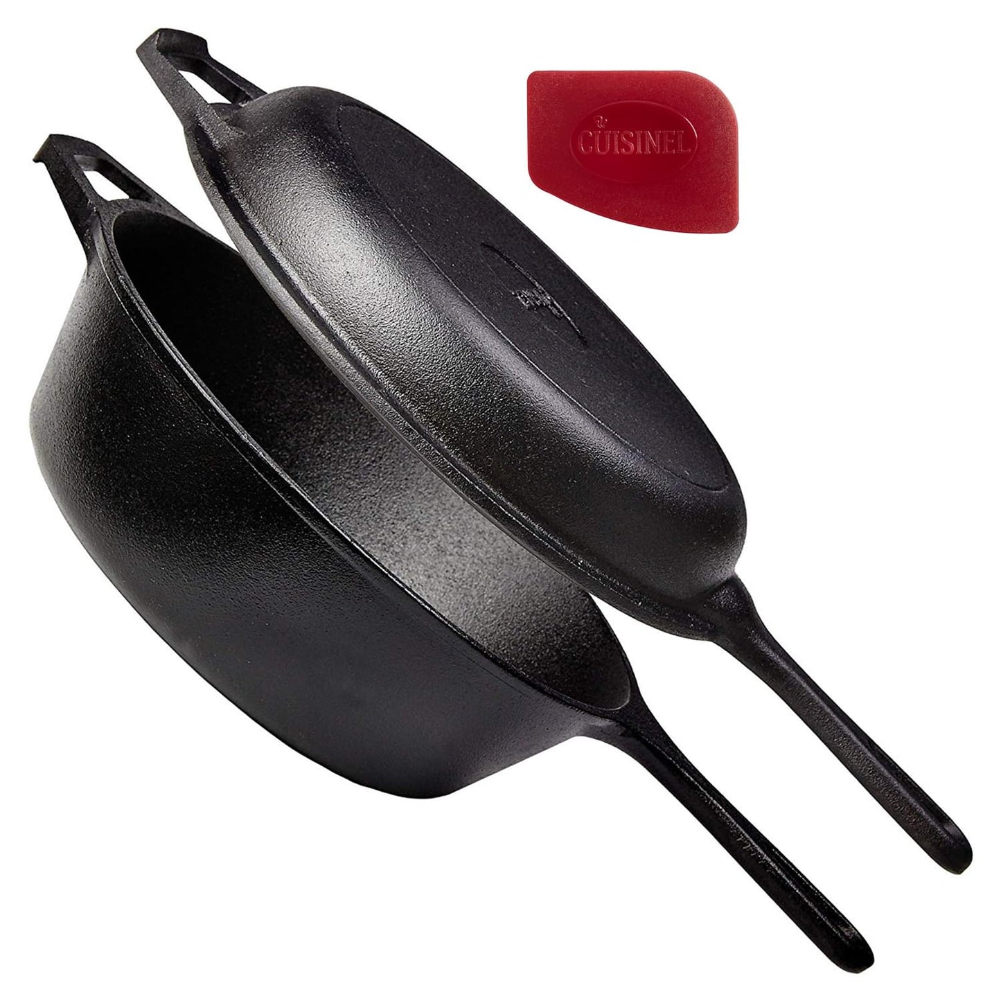 Cuisinel Cast Iron Dutch Oven - 7-Quart Deep Pot + Lid + Pan Scraper + Handle Covers - Large Pre-Seasoned Cooker for Baking Bread, Soup, Frying - Indoor/Outdoor Kitchen, Camping, Fire, BBQ Safe