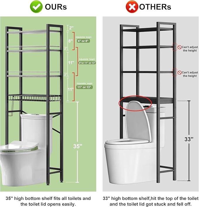 Over-The-Toilet Storage Rack, 4-Tier Bathroom Organizer Shelf Over Toilet with Adjustable Shelf and Basket, Freestanding Space Saver Bathroom Shelves Above Toilet for Room (Pure Gray)