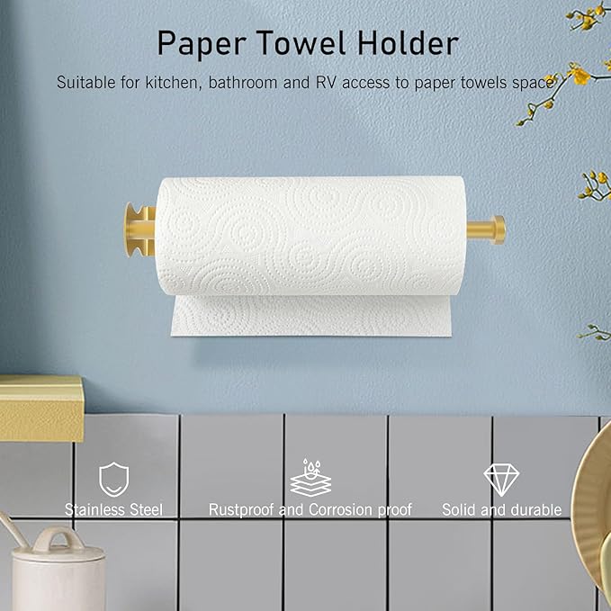 SetSail Paper Towel Holder, Single Hand Operable Paper Towel Holder Under Cabinet with Adjustable Damper Easy Tear Wall Mount Self-Adhesive or Drilled for Kitchen Bathroom, Gold