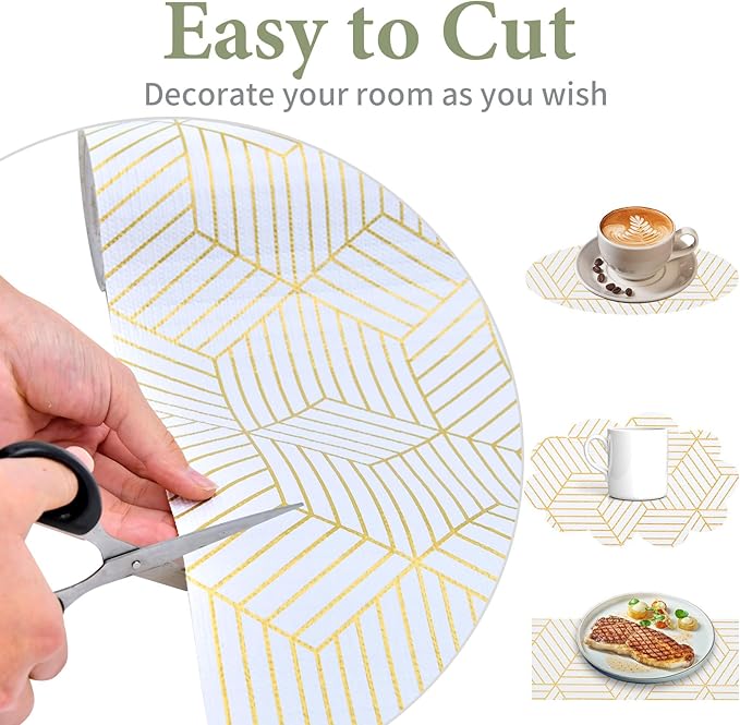Shelf Liners for Kitchen Cabinets 12in x 40FT, Non Adhesive Cabinet Liner Strong Non-Slip Thickened Gold Geometric Drawer Liner, Easy to Clean for Shelf, Cabinet with Knife and Tape Measure