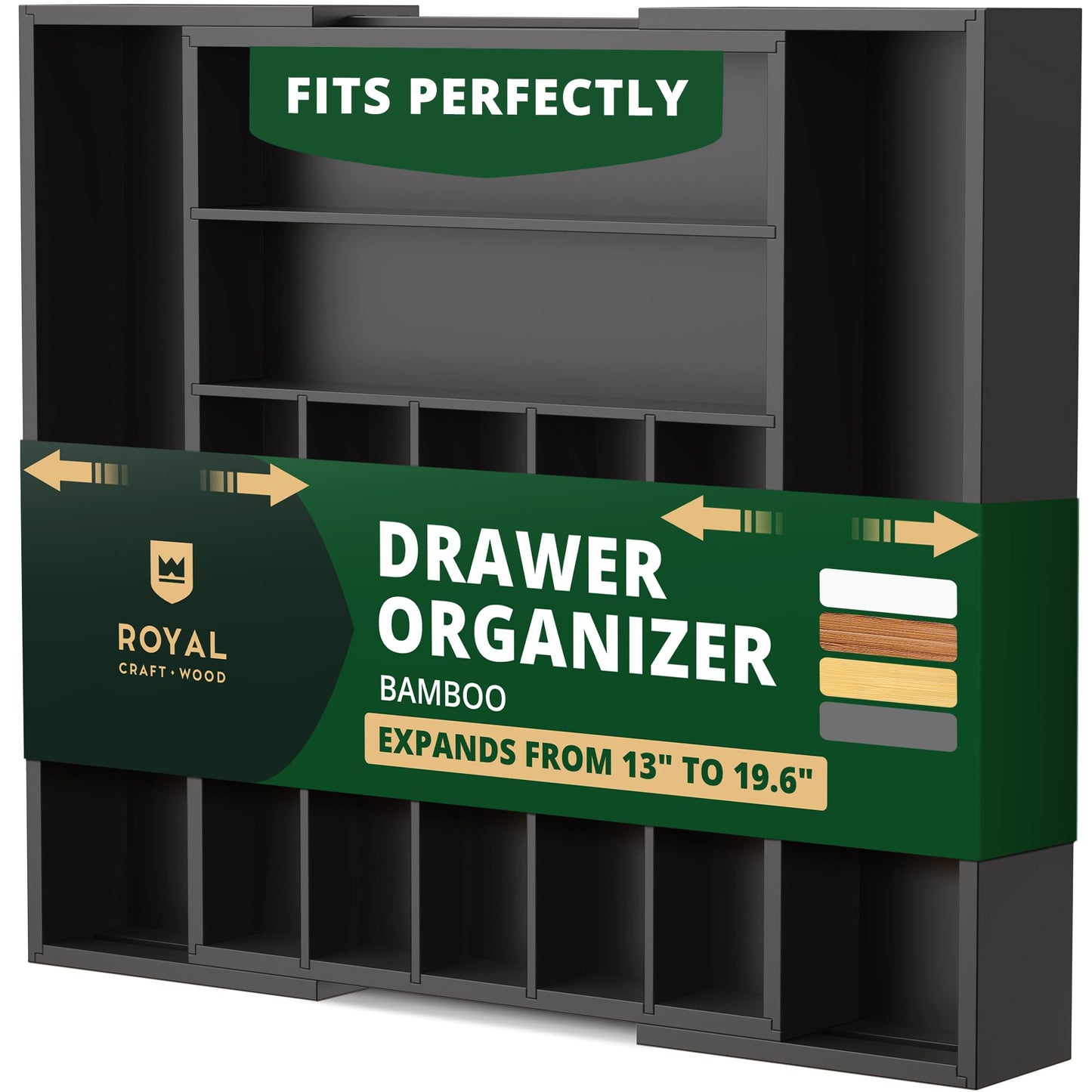 ROYAL CRAFT WOOD Luxury Bamboo Kitchen Drawer Organizer - Silverware Organizer - Utensil Holder and Cutlery Tray with Grooved Drawer Dividers for Flatware and Kitchen Utensils (7 Slot, Gray)