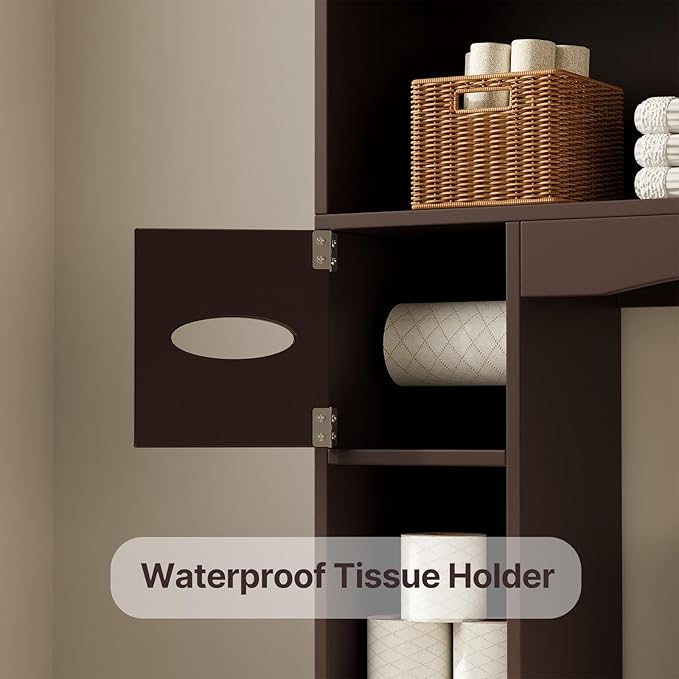 Gizoon Over The Toilet Storage Cabinet, 66''H Over Toilet Storage Cabinet, with Paper Holder, Adjustable Shelves, 2 Doors, Over Toilet Bathroom Organizer, 2 Side Hooks, Space-Saver, Dark Brown