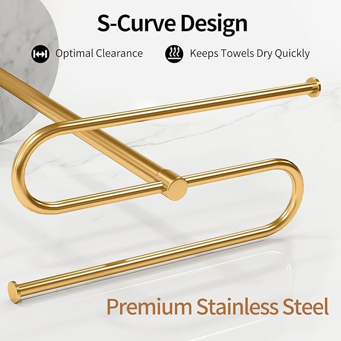 Countertop Towel Stand Free Standing with Marble Base, S-Shape Hand Towel Stand for Bathroom Stainless Steel Rust-Proof, Hand Towel Holder Standing for Kitchen Vanity Countertop (Gold)