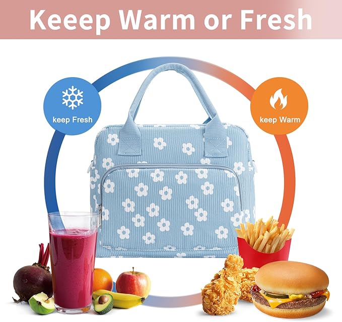 Lunch Bag Women Lunch Box for Women Adult Cute Insulated Lunch Bag Lager Cooler Lunch Tote Bags for Work Picnic (Blue-Flower)