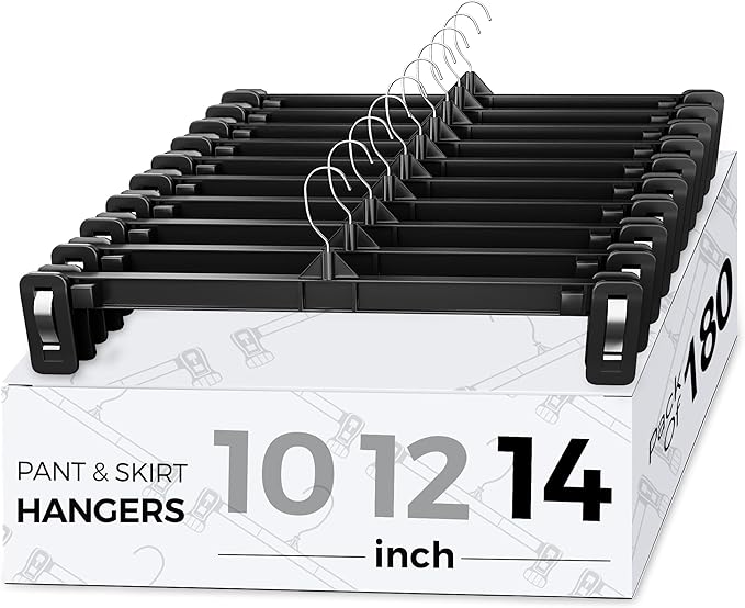 Smartor Space Saving Heavy Duty Hangers - 180 Pack, Slim Plastic Pants and Shorts Hangers, Ridged Non-Slip with Pinch Clips, 360-Rotating Chrome Swivel Hook, Black, 14 Inch