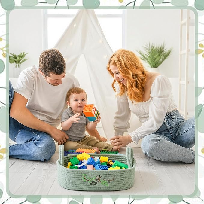 Vesici Eucalyptus Toilet Paper Basket Green Leaves Woven Cotton Rope Basket for Toilet Tank Top Botanical Bathroom Countertop Organizer for Bedroom Nursery Organizing, 13 x 6 x 4 Inch