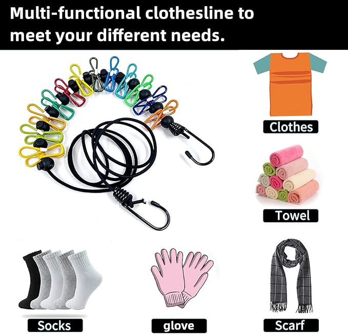 Retractable Portable Clothesline for Travel，Clothing line with 12 Clothes Clips，for Indoor and Outdoor Laundry Drying line，Outdoor Camping Accessories (2 Pack)