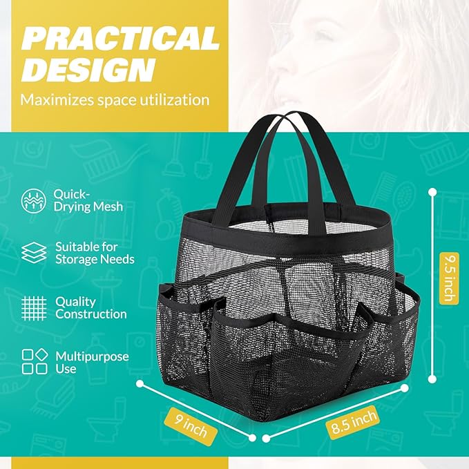 Mesh Shower Caddy Portable for College Dorm Room Essentials with 8 Pockets, Shower Bag for Beach, Swimming, Gym, Travel, Bathroom(Black)