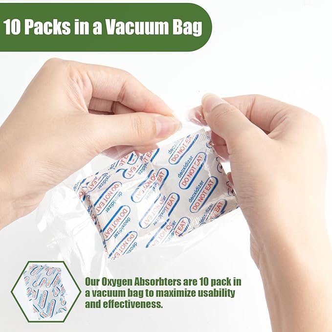 100 Packs 100CC Food Grade Oxygen Absorbers (10 Pack in Individual Vacuum Bag ) , Oxygen Absorbers For Long Term Food Storage with Oxygen Indicator , Works in Mylar Bags, Mason Jars, and Vacuum Bags
