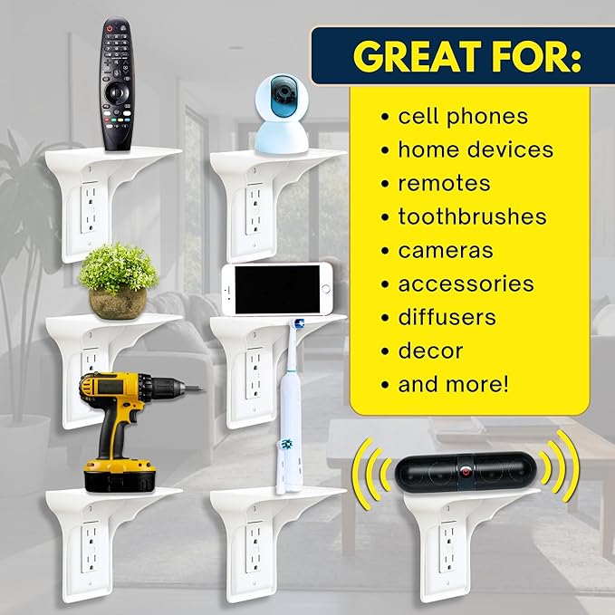 BeraTek Power Perch Wall Outlet Shelf with Cord Storage Strap - Declutter & Reclaim Counter Space - Echo Dot Wall Mount, Charging Shelf, Apple HomePod Mini Stand - White, 1-Pack