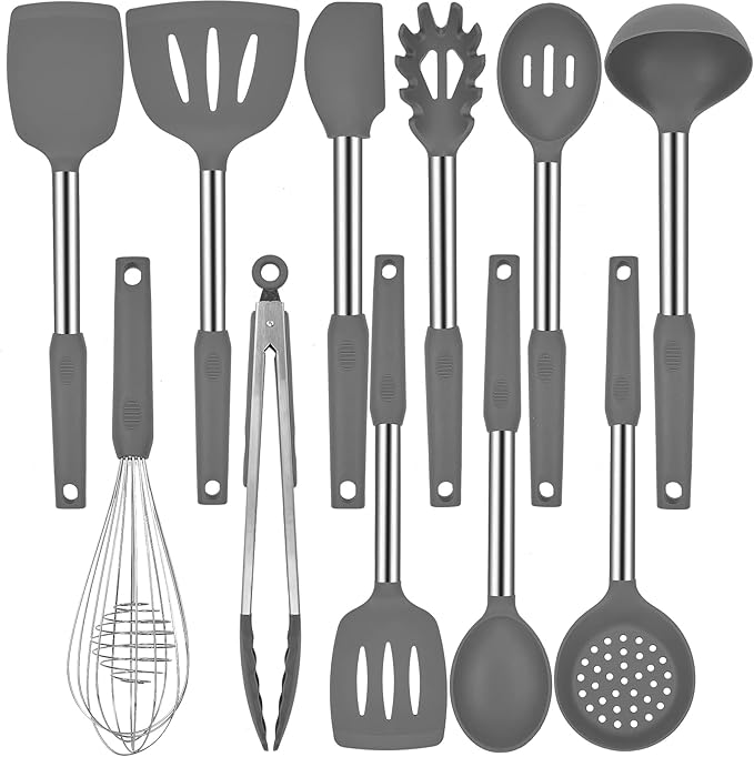 Silicone Kitchen Cooking Utensils Set with Stainless Steel Handle, Spatula Set Utensil Set, Cooking Utensil Set,Kitchen Tools Gadgets for Nonstick Cookware (35, Khaki)