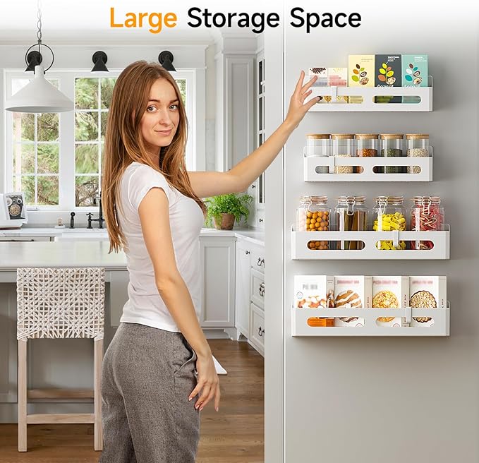 6 Pack Strong Magnetic Spice Rack for Refrigerator, Multipurpose Magnetic Shelf for Fridge with 4 Hooks for kitchen and Bathroom Organization, White