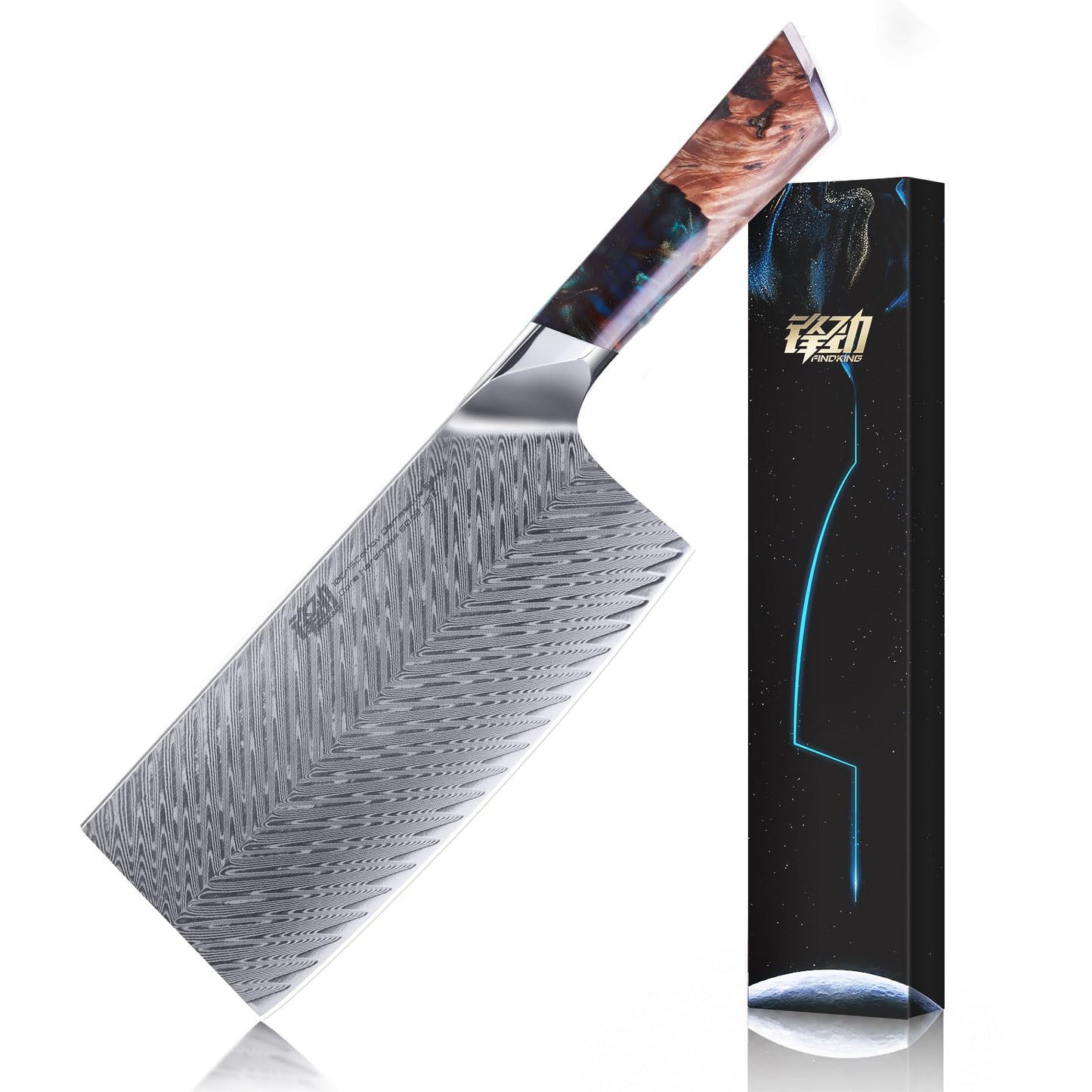 FINDKING Nebula Series Kitchen Utility Knife with ABS Sheath, Versatile Small Petty Knife, 10Cr15CoMov Damascus Blade, Resin and Figured Sycamore Handle, Full Tang, 5 Inch, Blue, for Fruit, Steak