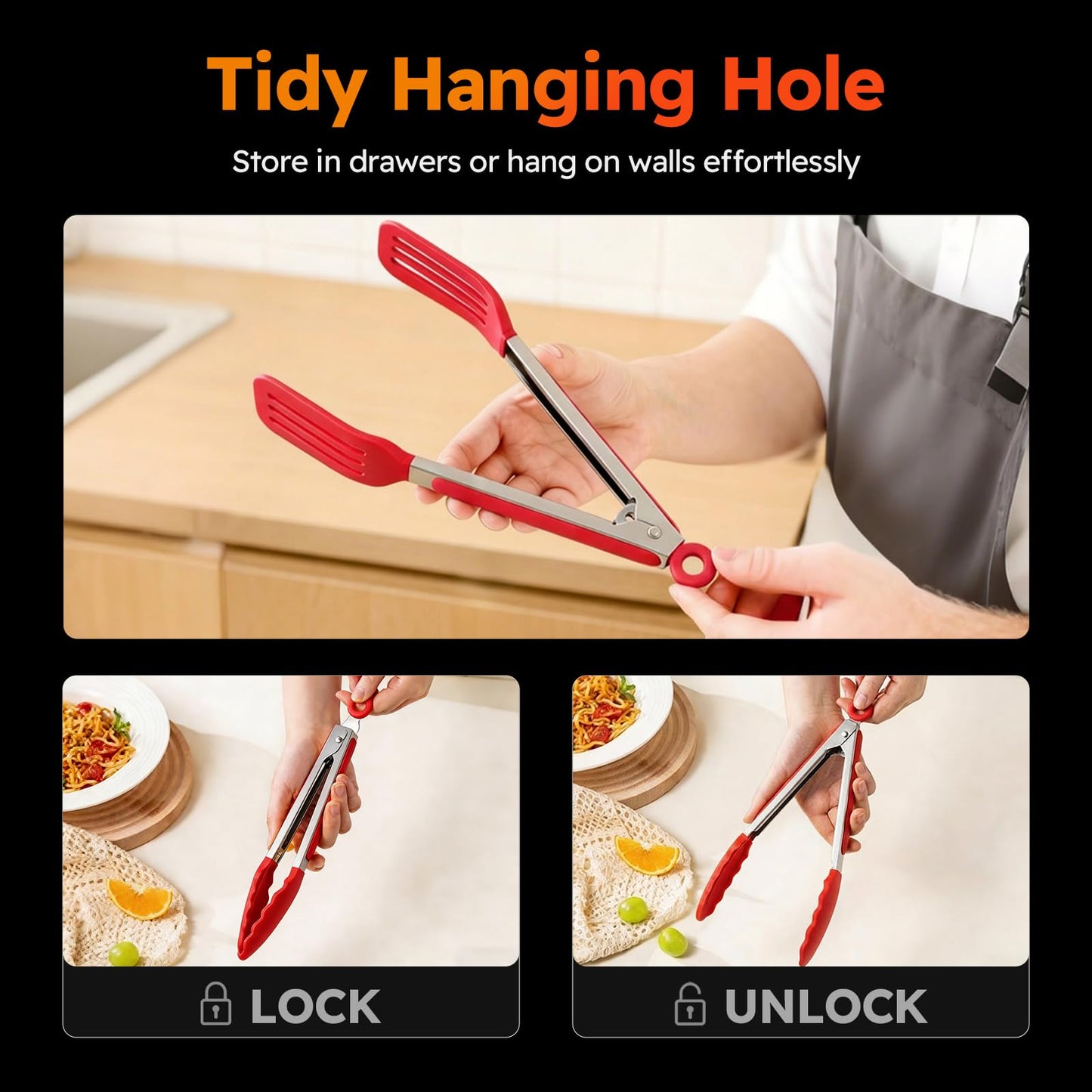 HST 3 Pack Kitchen Tongs, Non Stick Stainless Steel 9 Inch Tongs