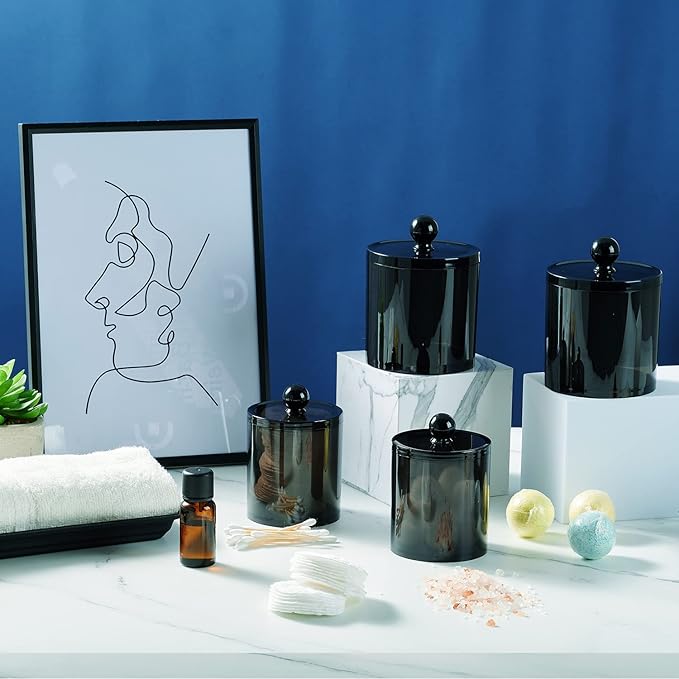 SheeChung 3-Pack Qtip Holder Black,Plastic Qtip Dispenser with Lids,Apothecary Jars with Labels,Minimalist Shatterproof Bathroom Organizer Set for Cotton Swabs,Balls,Pads,Bathroom Accessories