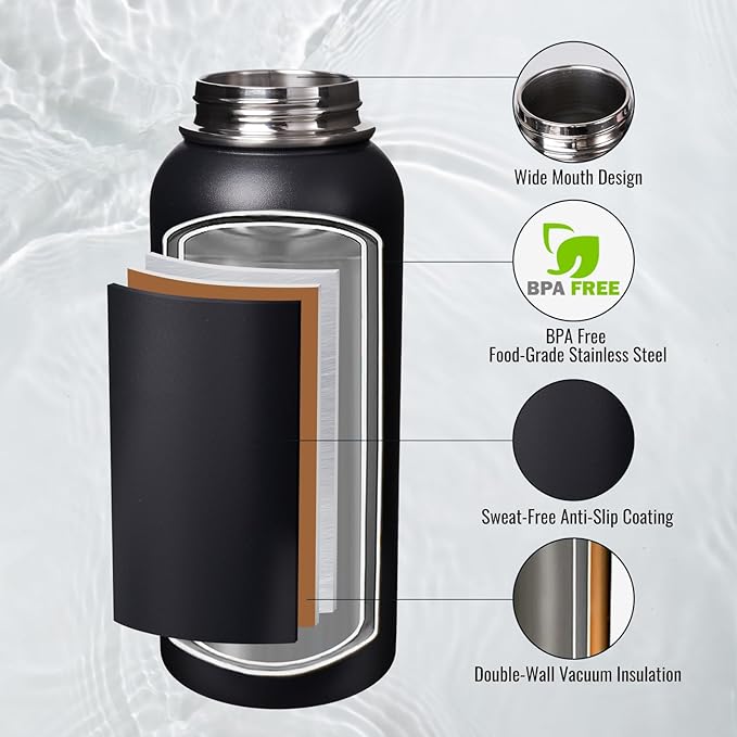 32 oz Insulated Water Bottle with Handle, 304 Stainless Steel Water Bottles with Wide Mouth, Double Wall Vacuum Sports Water Bottle, BPA Free, Keep Cold and Hot, Black